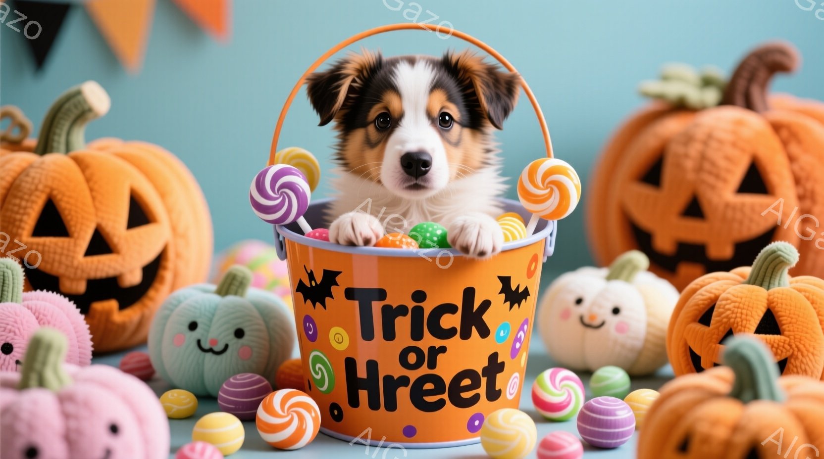 トリックオー・トリックをテーマとするハロウィンカルチャーに関連したものです。中央には、紫色の鼻先から白い毛のままの小型犬が座っており、その前にはトリックオー・トリックと書かれたベースボールが置かれています。このベースボールに入るように、周囲には多くのハロウィンに関連するアイテムが散らばっており、それらはすべてトリックオー・トリックと書かれたものです。画像全体としては、ハロウィンの楽しさや独特の雰囲気が伝わっています。