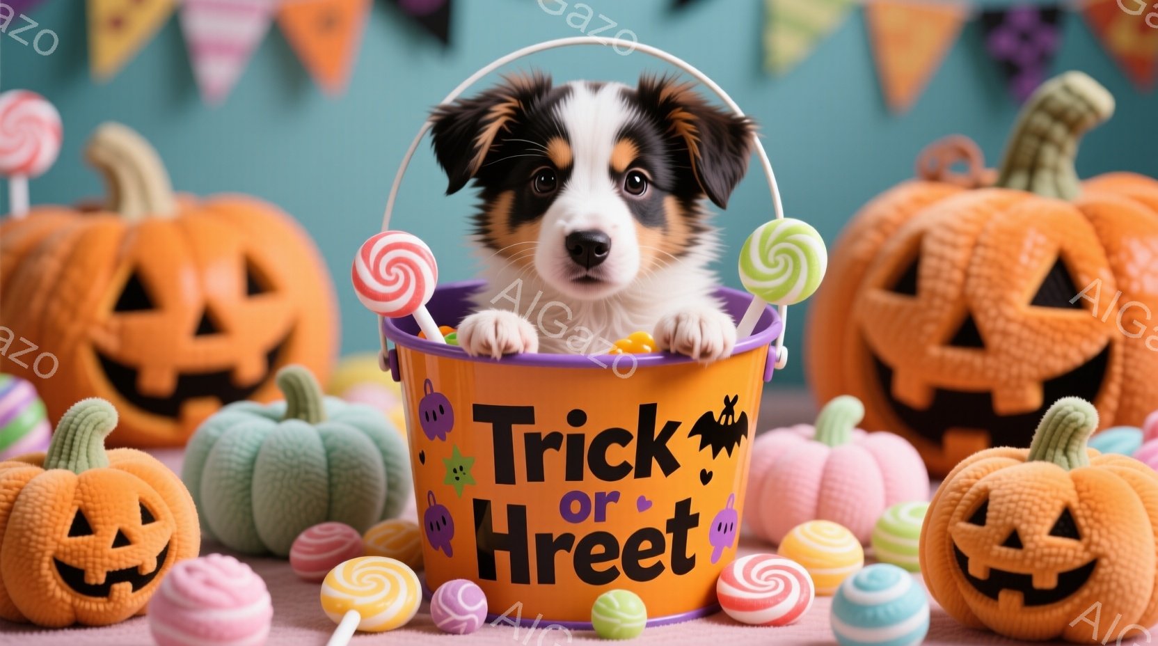 オレンジと紫のハロウィーンの背景に、かわいらしい子犬が紫色の「Trick or Treat」と書かれたバケツの中に座っています。子犬は茶色と白の毛並みで、好奇心に満ちた表情でカメラを見ています。バケツの中には、キャンディーやロリポップが溢れており、ハロウィーンの賑やかな雰囲気を表現しています。