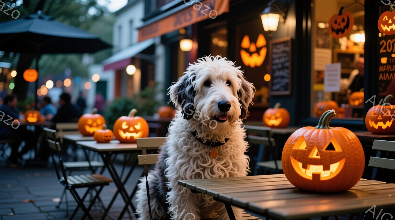 ハロウィーンの装飾が施されたカフェのテラス席に、ふわふわの白い犬が座っています。犬は赤い首輪をつけており、少し口を開けて穏やかにこちらを見ています。背景には、オレンジ色のジャック・オー・ランタンが置か - AI生成フリー素材