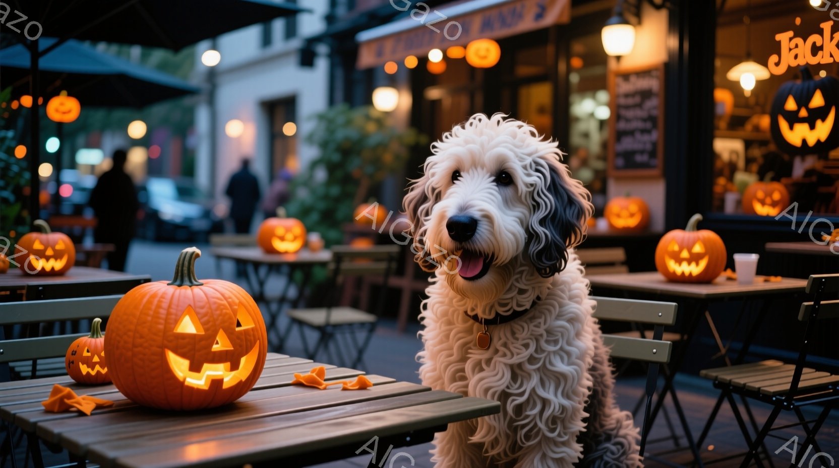 白い巻き毛の犬が、ハロウィーンの装飾が施された屋外のカフェのテーブルに座っている。背景には、彫刻が施されたカボチャのランタンが並び、暖かくオレンジ色の光を放っている。夜のカフェは賑わっており、秋のハロ - AI生成フリー素材