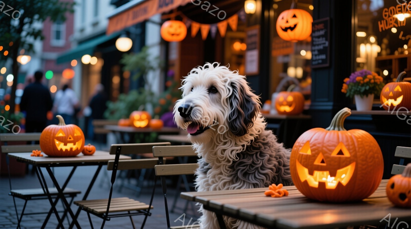 屋外のカフェのテーブルに座った、巻き毛の白い犬が写っています。周りには、ハロウィーンの装飾であるジャック・オー・ランタンが置かれ、カフェの窓にはハロウィーンの飾り付けが見られます。夜のカフェは暖かく、 - AI生成フリー素材