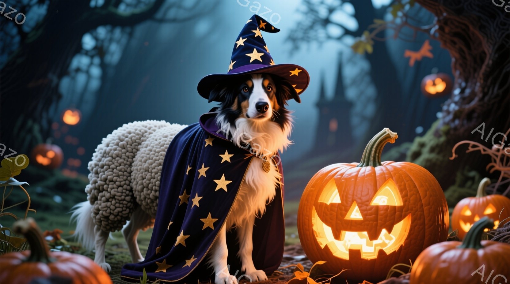 白い毛並みのシェットランドシープドッグが、星が刺繍された黒い魔法使いのローブと帽子を身に着け、誇らしげに立っている。背景には、ハロウィーンのランタンが灯されたカボチャが散りばめられ、遠くにはシルエット - AI生成フリー素材