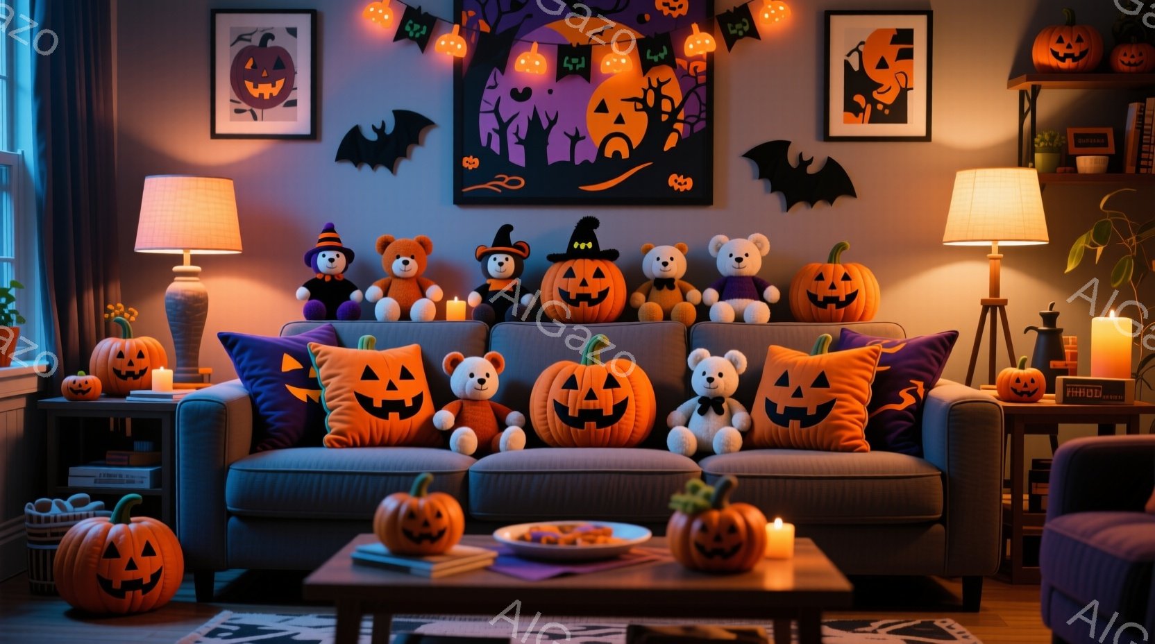 リビングルームはハロウィーンの装飾で満たされ、ソファーには様々な大きさのジャック・オー・ランタンのぬいぐるみや、ハロウィーンの衣装を着たテディベアが並んでいます。壁にはハロウィーンをテーマにした絵画が飾られ、暖かくオレンジ色の照明が部屋全体を照らし、お祝いの雰囲気を醸し出しています。暖炉のそばにはパンケーキが盛られたお皿があり、ハロウィーンパーティーの準備ができている様子が伺えます。