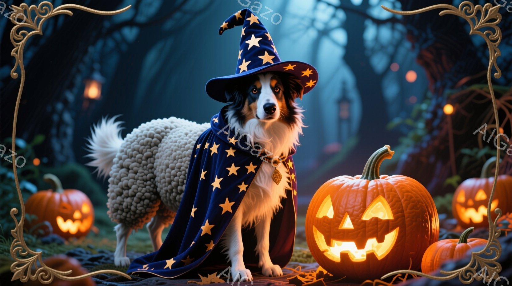 ふわふわの毛並みを持つシェットランドシープドッグが、星柄の深い青色のマントと先のとがった帽子を身に着けて立っています。背景には、明るく照らされたジャック・オ・ランタンがいくつか配置され、暗い森の奥深く - AI生成フリー素材