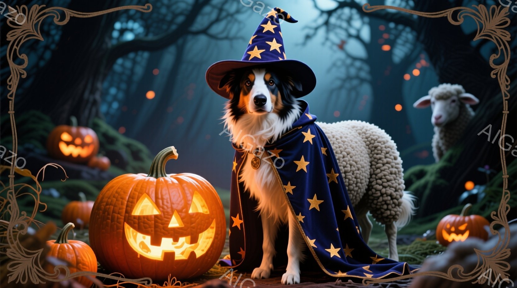黒と白のボーダーコリーが、星柄の青いマントと魔女帽子を身に着け、正面を見据えています。周囲にはジャック・オ・ランタンがいくつか置かれ、背景は暗い森で、ぼんやりと光る光が点在しています。全体的にハロウィ - AI生成フリー素材