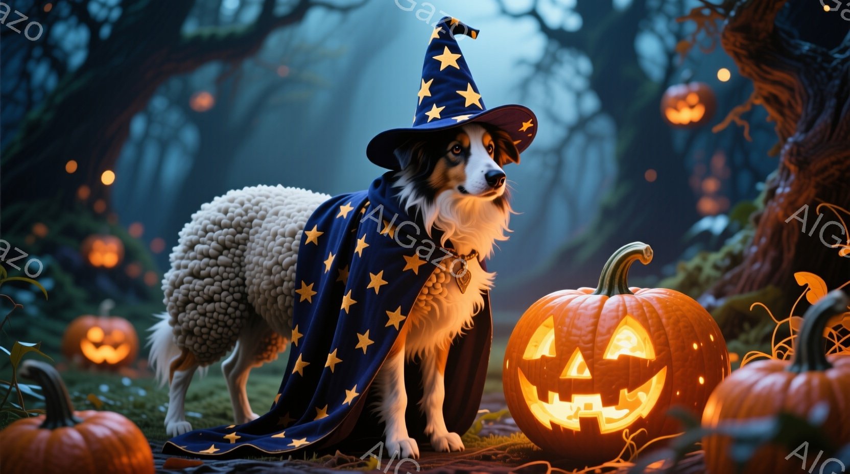 白い毛並みを持つ犬が、星が刺繍された深い青色のローブと先のとがった魔女帽子を身に着けて立っています。犬はジャック・オー・ランタンに照らされた森の中に立ち、少し前方を見つめる落ち着いた表情をしています。 - AI生成フリー素材