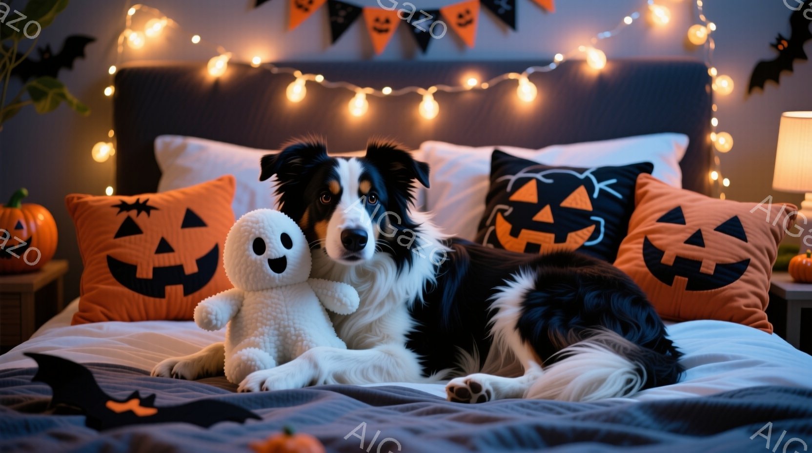 ベッドの上に、黒と白のボーダー模様の犬が横たわっています。犬は白いゴーストのぬいぐるみとオレンジ色のジャック・オー・ランタン柄のクッションに囲まれ、リラックスした表情をしています。背景にはハロウィーン - AI生成フリー素材
