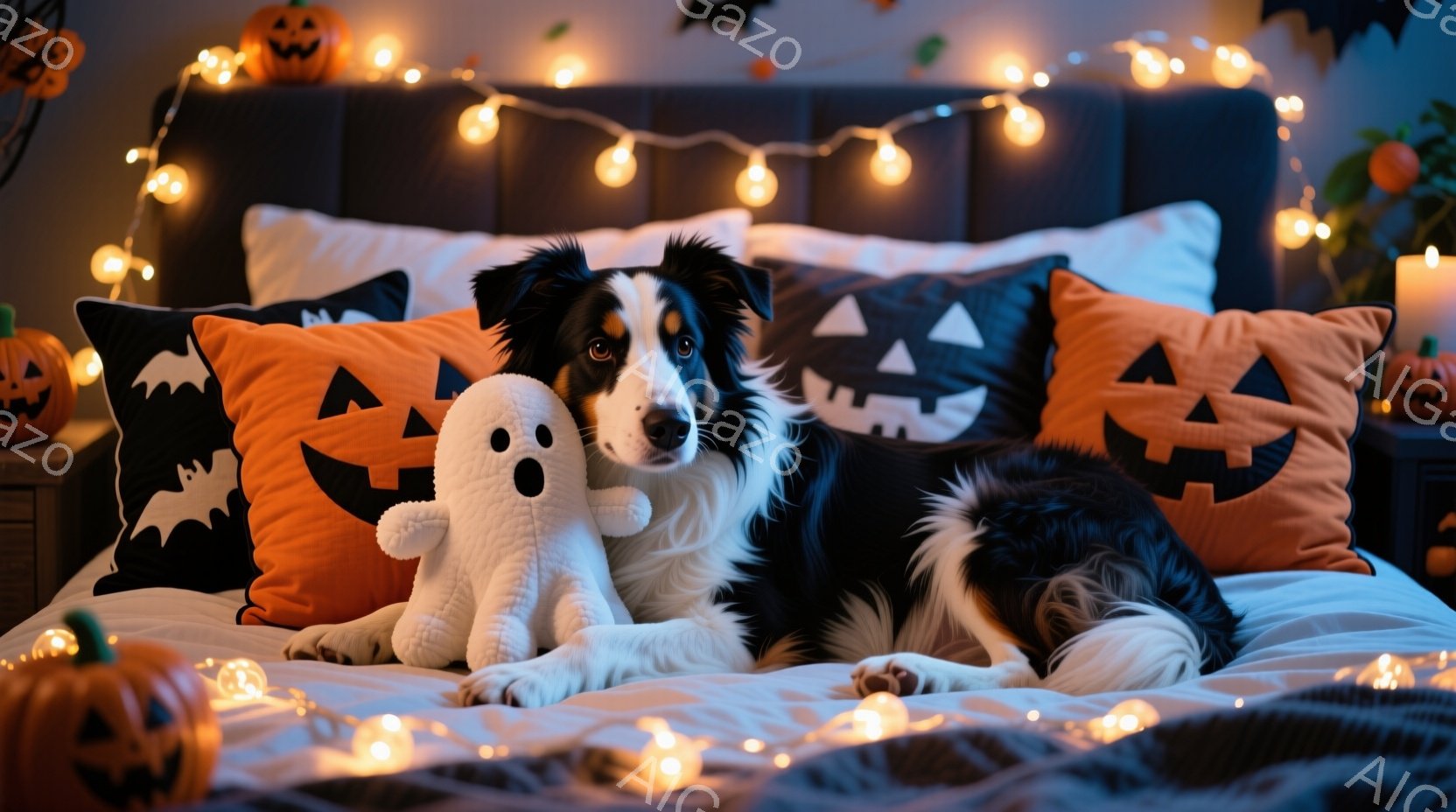 黒と白のボーダー模様の犬が、ハロウィーンをテーマにしたベッドの上に横たわっています。ベッドには、カボチャの顔やコウモリが描かれたオレンジと黒の枕が並べられ、背景には暖かい色のイルミネーションライトが飾 - AI生成フリー素材