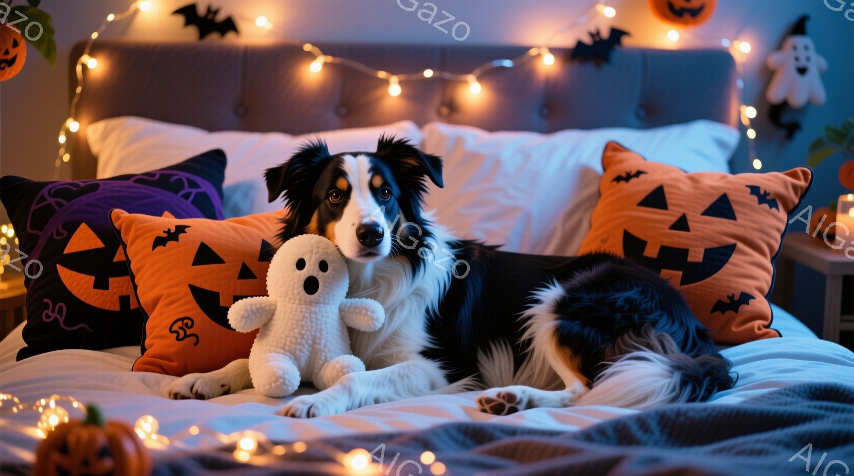 ベッドの上には、ハロウィーンをテーマにしたクッションと、白いゴーストのぬいぐるみが置かれ、その上にボーダーコリーがゆったりと横たわっています。犬はリラックスした表情で、優しく前を見つめています。背景に - AI生成フリー素材