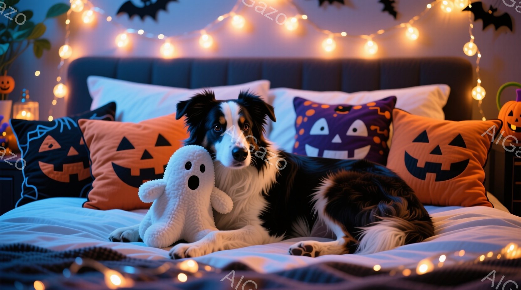 ベッドの上で、黒と白のボーダー模様の犬がリラックスして横たわっています。ハロウィーンをテーマにしたオレンジと紫のクッションと、白いゴーストのぬいぐるみが犬の周りに置かれています。背景には、ハロウィーン - AI生成フリー素材