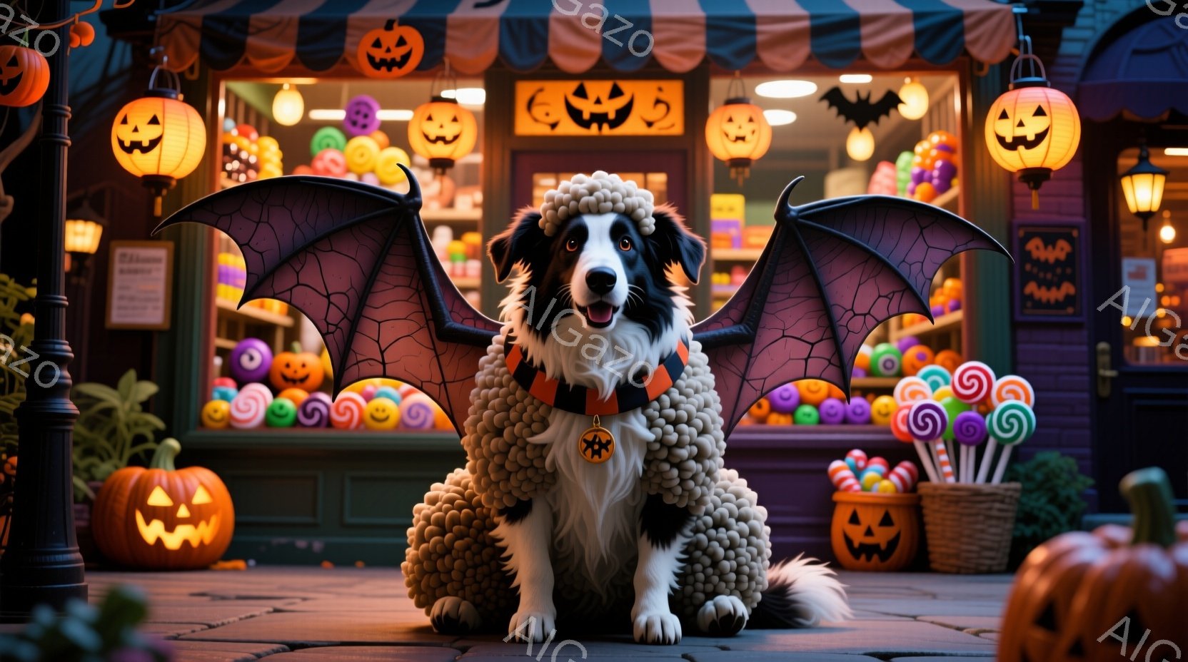 黒い毛並みのシェットランドシープドッグが、ハロウィーンの仮装をして座っています。まるで毛糸玉でできたボディコンシャスなドレスのような衣装と、コウモリの羽を身につけ、首輪にはオレンジ色のリボンがついています。背景には、パンプキンランタンやカラフルなキャンディーが並ぶお菓子屋があり、ハロウィーンの夜の楽しげな雰囲気を醸し出しています。