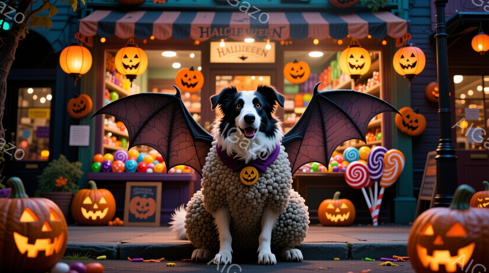 ハロウィーンの装飾が施された商店街の階段に、黒い翼と紫のリボンをつけた犬が座っています。犬はキャンディーで覆われた衣装を着ており、楽しそうな表情で正面を見ています。背景には、カボチャランタンが飾られた - AI生成フリー素材