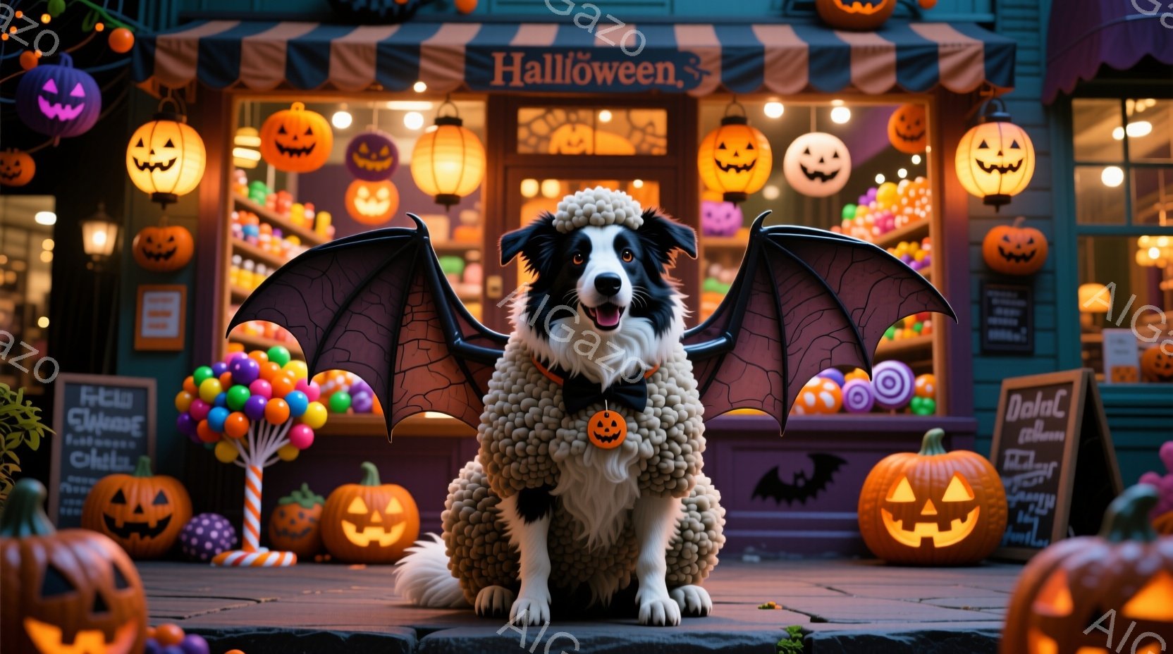 ハロウィーンの飾り付けがされた通りに、翼とカラフルな毛皮の衣装を着たボーダーコリーが座っています。犬は前足を揃え、正面を見ており、表情は穏やかでどこか誇らしげです。背景には、カボチャや装飾が施されたお - AI生成フリー素材