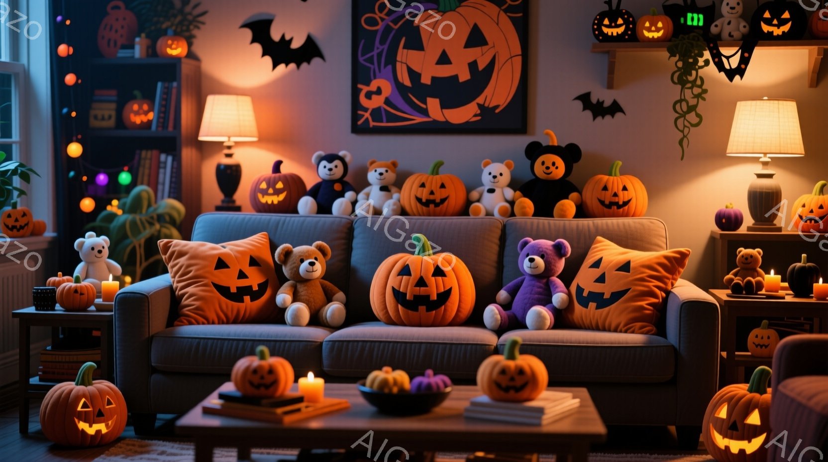 ハロウィーンをテーマにした居間には、オレンジ色のジャック・オー・ランタンのクッションやぬいぐるみ、置物がたくさん飾られています。暖炉のそばのソファには、様々な大きさの可愛いクマのぬいぐるみが並び、壁に - AI生成フリー素材