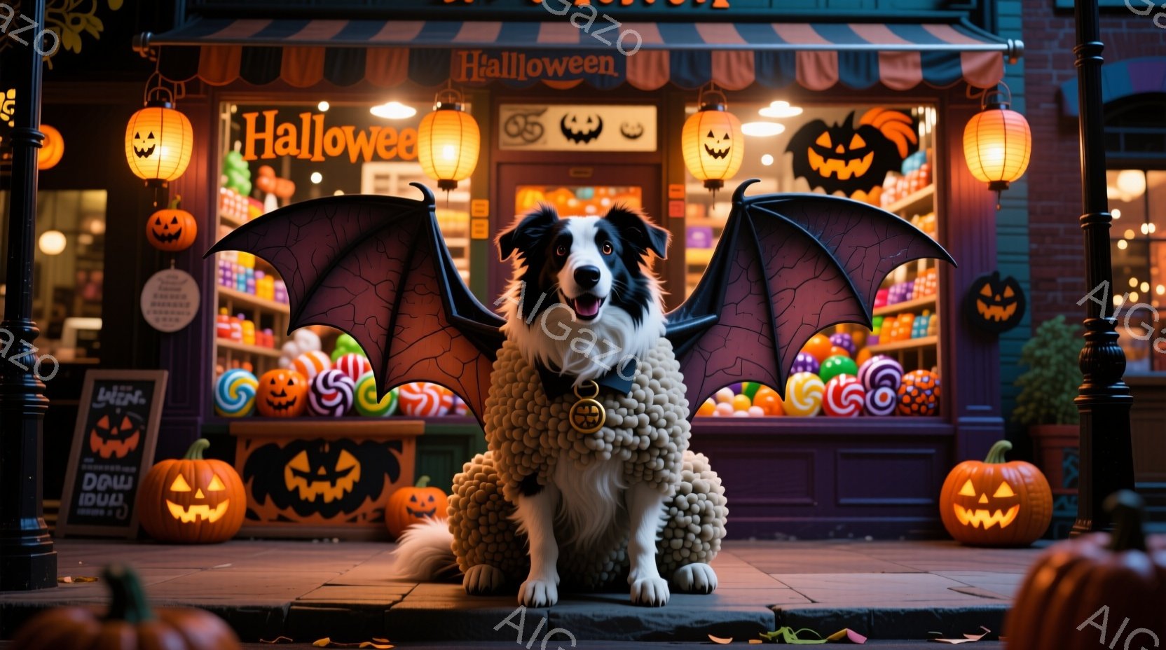 ハロウィーンの飾り付けがされたお店の前に、コリー犬が立っている。犬は茶色のニットのような服を着て、黒いコウモリの羽をつけている。背景には、かぼちゃのランタンやキャンディーで飾られた店内に、ハロウィーンの夜の暖かくお祭り気分な雰囲気が漂っている。