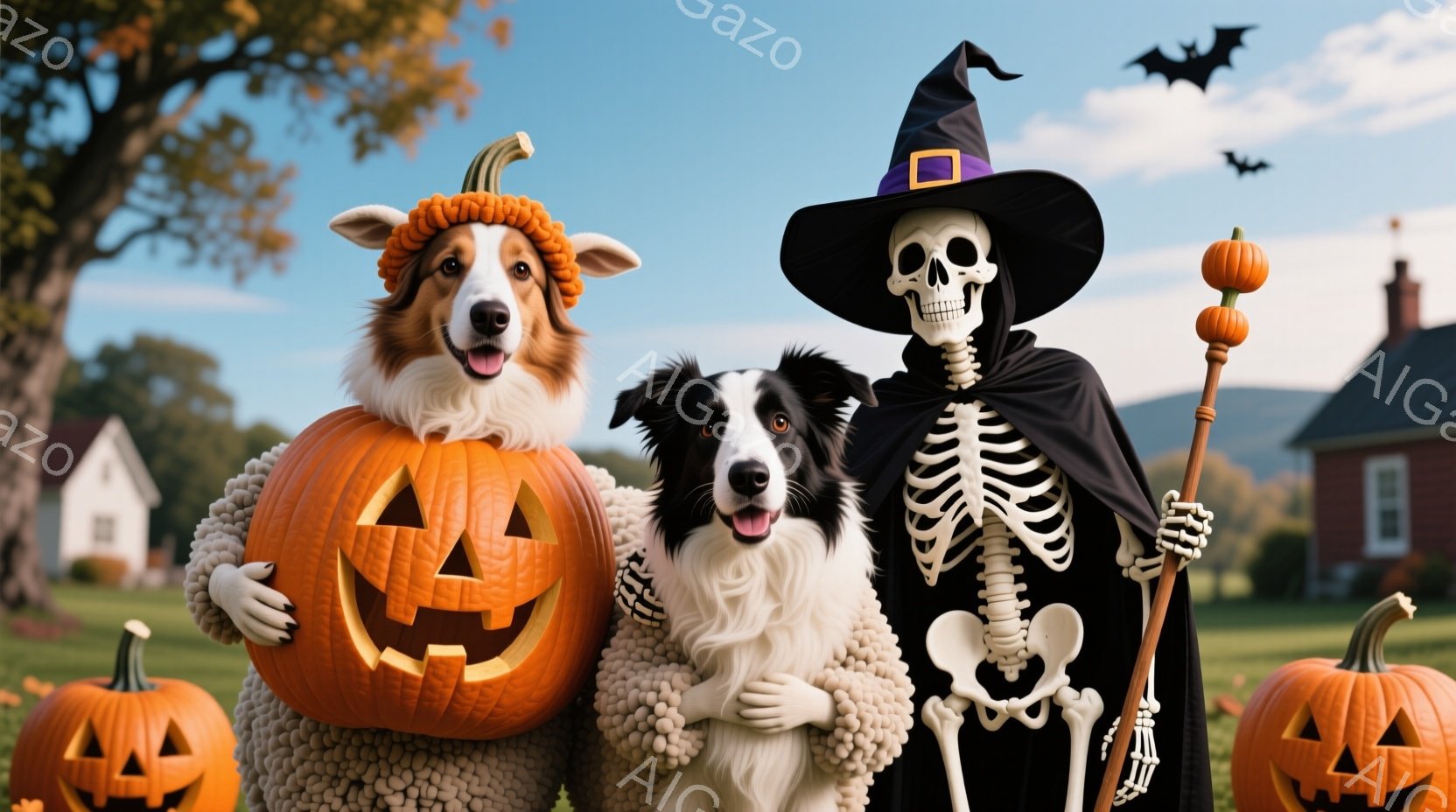 鮮やかな秋晴れの空の下、ハロウィーンの飾り付けが施された庭に、犬たちが仮装して立っています。オレンジ色の毛並みの犬は、カボチャの衣装を着て楽しそうに笑い、黒白の犬は白い羊のような衣装を着ています。背景 - AI生成フリー素材