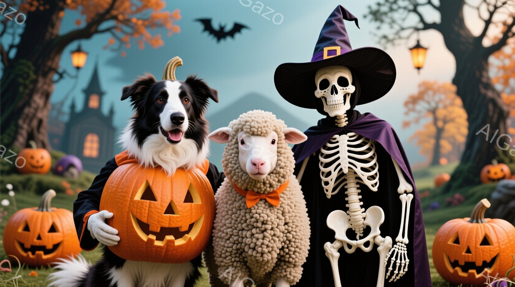 ハロウィーンの装飾に囲まれた、ボーダーコリー、ヒツジ、そしてスケルトンの衣装を着た人物が写っています。ボーダーコリーは大きなジャックオーランタンを持っており、ヒツジはオレンジ色のリボンをつけています。背景には不気味な建物や木々、そして空にはコウモリが飛んでおり、全体的にハロウィーンの神秘的で楽しい雰囲気を醸し出しています。