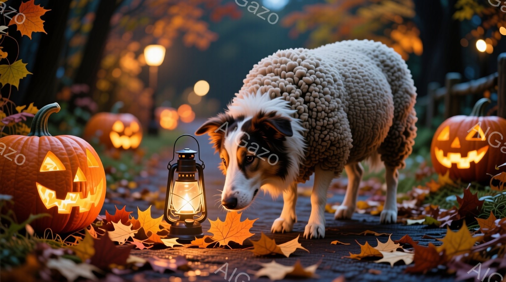 舗装された道にはカボチャのランタンと落ち葉が散らばり、ハロウィーンの雰囲気が漂っています。白い毛並みのボーダーコリーが、点灯したランタンのそばを歩いており、好奇心旺盛な表情でランタンを見つめています。背景にはぼやけた木々と、ほのかな光が灯る家々が見え、秋の夜の穏やかさと神秘的な雰囲気を醸し出しています。