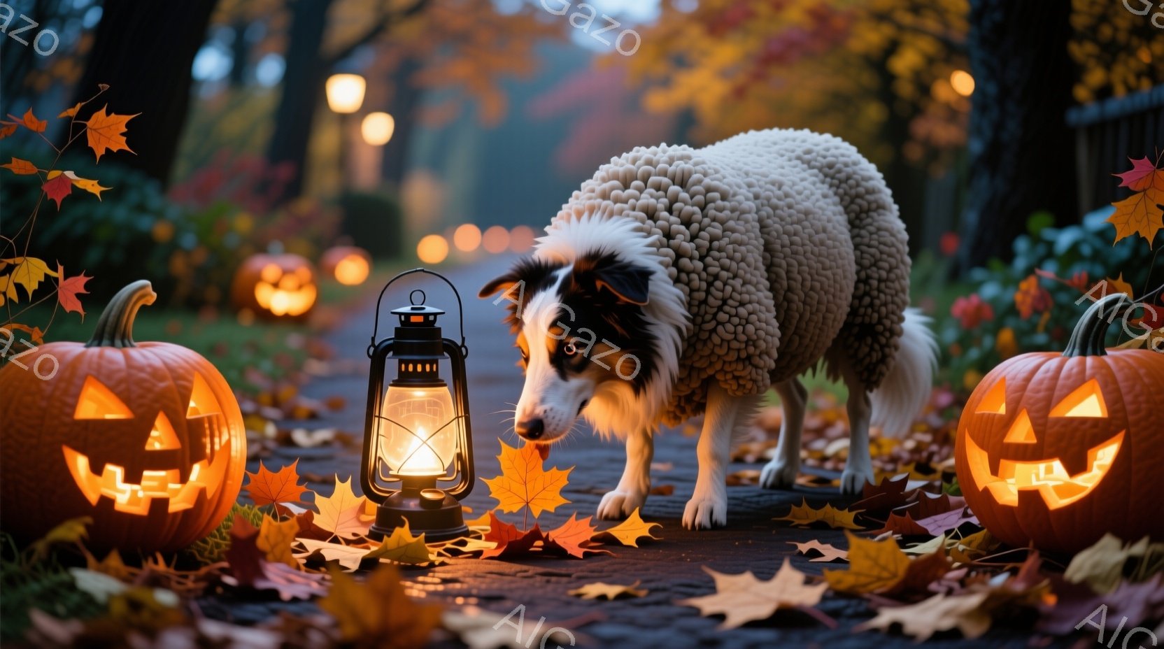 切り株のような石畳の道に、彫刻が施されたカボチャが置かれ、ランタンが灯されています。毛並みの美しいボーダーコリーが、前方を注意深く見つめており、落ち葉が舞う秋の夜の雰囲気を醸し出しています。背景にはぼ - AI生成フリー素材