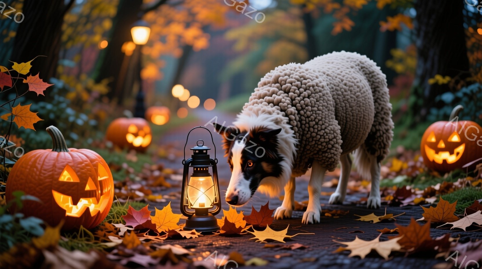 葉が散りばめられた道に、ハロウィーンのくり抜かれたカボチャと古いランタンが並べられています。ボーダーコリーがそのランタンに興味津々に鼻を近づけており、背景にはぼんやりと光る木々と、さらに遠くにもカボチ - AI生成フリー素材