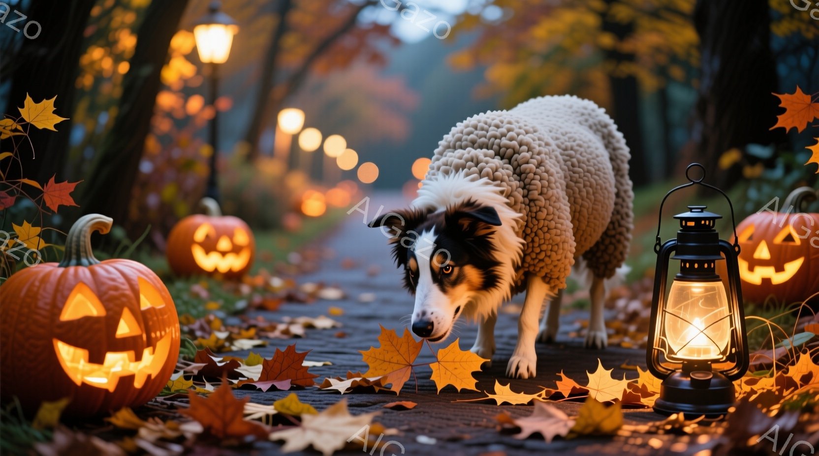 落ち葉が敷き詰められた道に、彫刻が施されたハロウィンのカボチャとランタンが並び、毛むくじゃらの白い犬が前方をじっと見つめています。背景にはぼやけた街灯が並び、秋の夜の静かで神秘的な雰囲気を醸し出してい - AI生成フリー素材