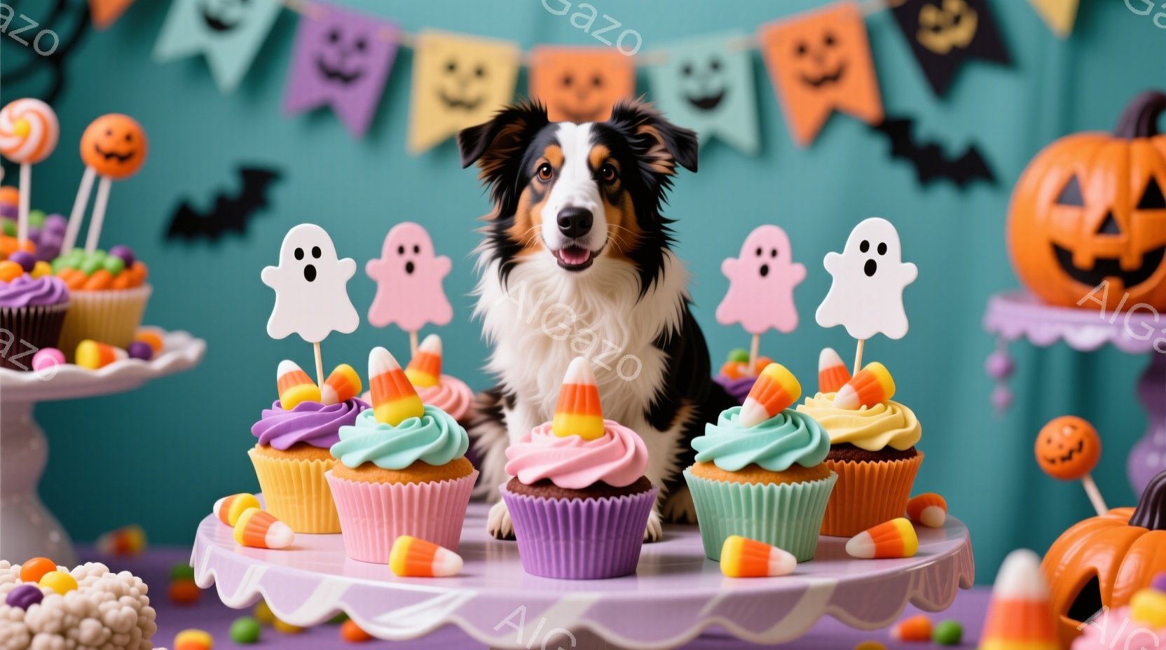 ハロウィーンをテーマにした可愛らしい写真です。茶色と白のボーダーコリーが、カラフルなカップケーキやキャンディーが並んだテーブルの前に座り、カメラ目線で微笑んでいます。背景には、カボチャのランタンやハロ - AI生成フリー素材
