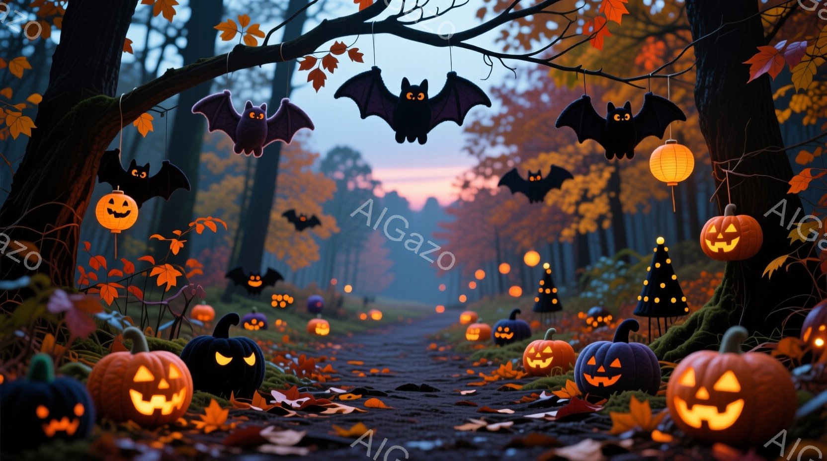 森の小道には、様々な大きさのジャック・オ・ランタンが並び、不気味な光を放っている。空にはコウモリが舞い、オレンジ色の葉が地面を覆い、ハロウィンの夜の神秘的な雰囲気を醸し出している。遠くには薄暗い森が見え、全体的に幻想的で少し不気味な情景が広がっている。