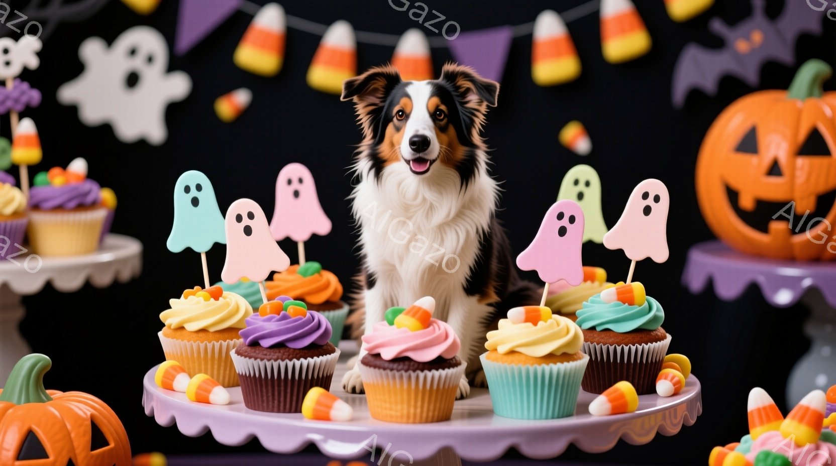 ハロウィーンをテーマにした背景に、クリーム色のフロスティングとゴーストのトッパーが飾られたカップケーキの盛り合わせの前に、トライカラーのボーダーコリーが座っています。背景には、キャンディコーンやジャック・オ・ランタンなどのハロウィーンの装飾が散りばめられており、全体的に陽気で季節感のある雰囲気です。犬は正面を見つめ、静止したポーズで、お菓子の楽しいディスプレイに注目しているようです。
