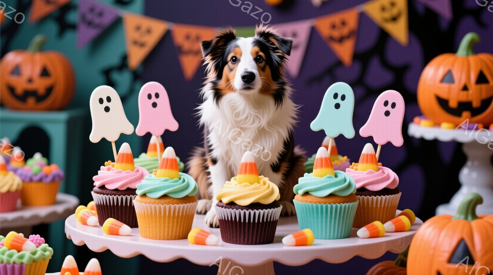 ハロウィーンをテーマにした画像で、茶色と白のボーダーコリーが、カップケーキで飾られたケーキスタンドの前に座っています。カップケーキは、ハロウィーンカラーのクリームとキャンディコーンで飾られ、お化けのピ - AI生成フリー素材