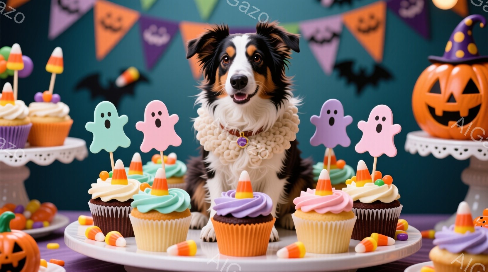 ハロウィーンの装飾が施された背景に、ボーダーコリーが座っています。犬はオレンジと白のストライプの首輪をつけており、正面を見て穏やかな表情をしています。周りには、かぼちゃの形をしたキャンディーコーンやカ - AI生成フリー素材