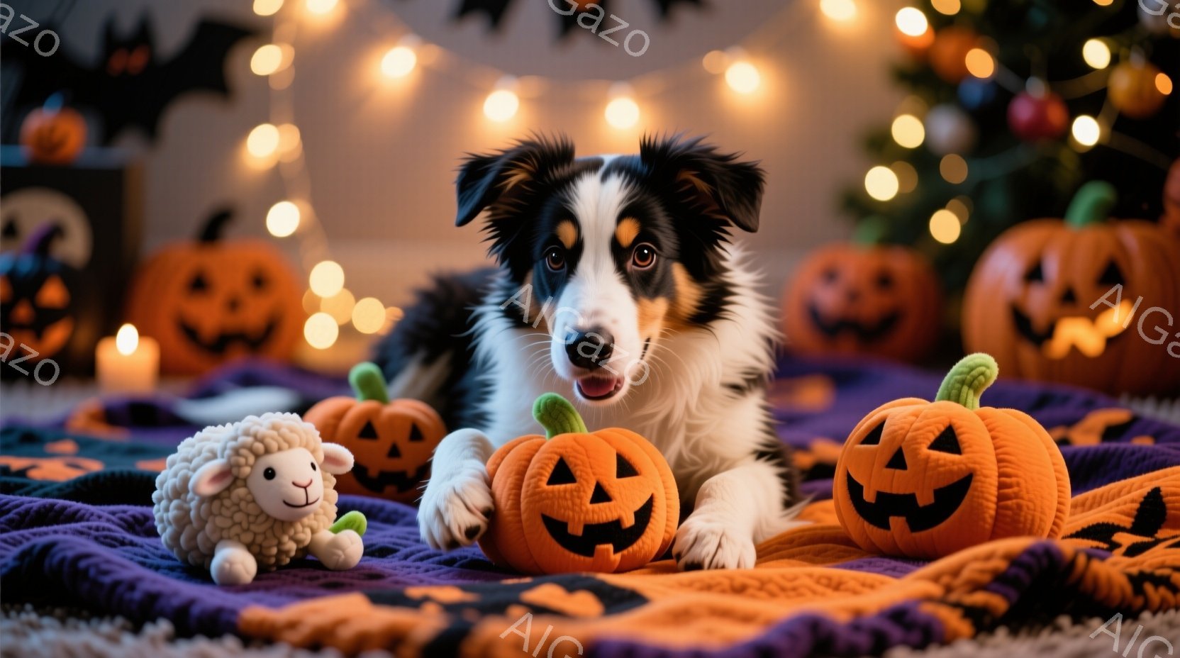 鮮やかな紫色の毛布の上に、美しいボーダーコリーが横たわっています。その周りには、ハロウィーンの飾りであるジャック・オー・ランタンと、可愛らしい羊のぬいぐるみがあり、温かい光が全体を照らしています。ハロウィーンらしい雰囲気で、暖かく、居心地の良い様子が伝わってきます。