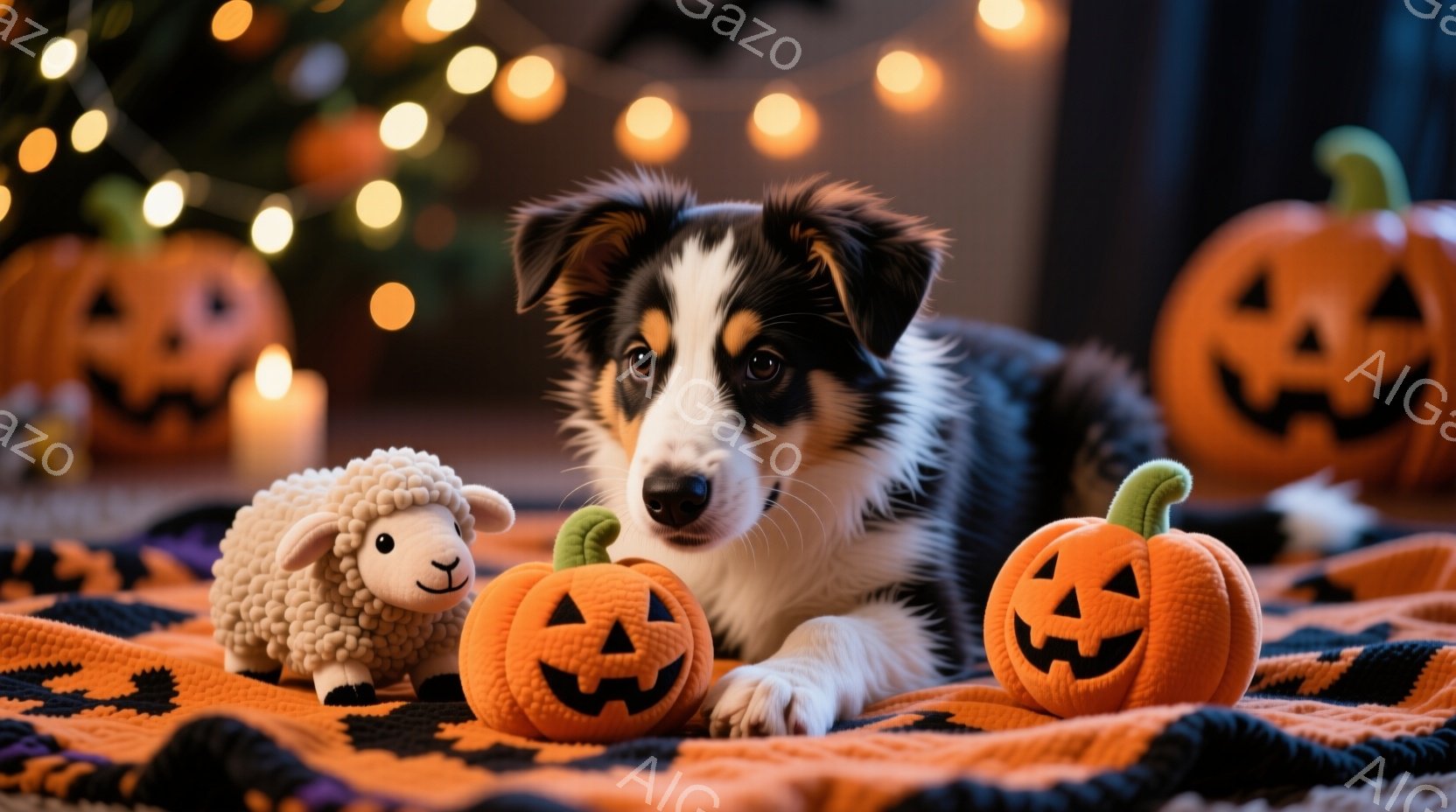 黒と白の毛並みを持つボーダーコリーが、ハロウィーンの装飾に囲まれてオレンジ色の毛布の上に横たわっています。犬の周りには、ジャック・オー・ランタンの形をしたぬいぐるみと、可愛らしい羊のぬいぐるみが置かれ、背景にはぼやけたハロウィーンの飾りと光のストリングライトが暖かく光っています。全体的に、暖かく、お祝いムードで満たされた、可愛らしい雰囲気です。