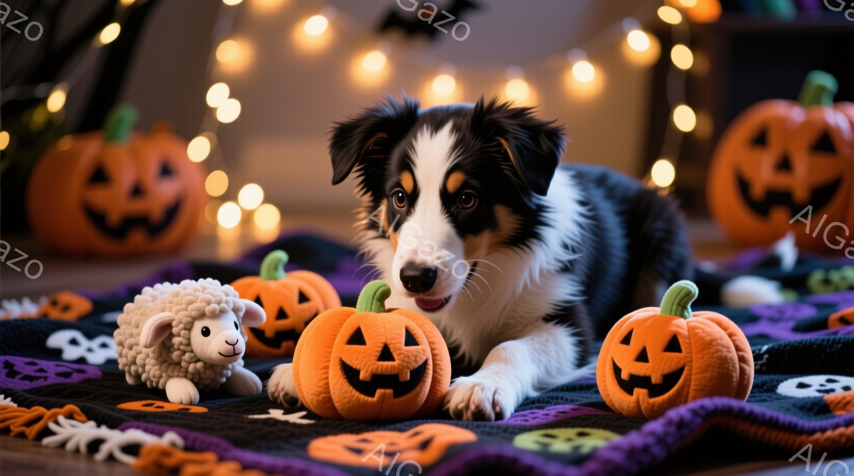 ハロウィンテーマの季節に適したものです。中心には茶色のコリードッグが描かれており、その表情は落ち着いています。その周りには、ハロウィンを感じさせる装飾があります。例えば、ペンキンとパンプキンの尖った頭 - AI生成フリー素材