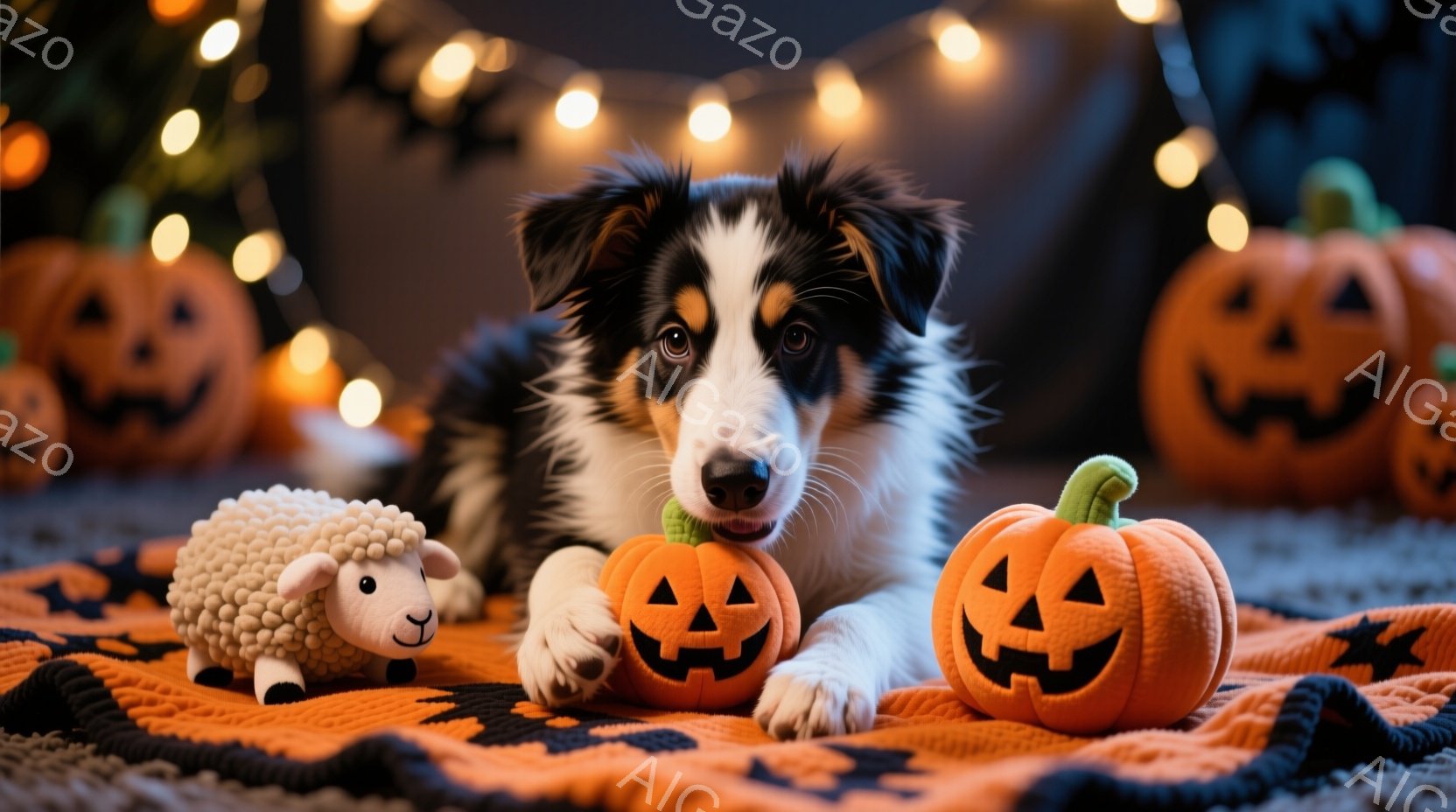 茶色と黒の毛並みを持つ、かわいらしいボーダーコリーが、ハロウィーンのオレンジ色のカボチャのおもちゃに囲まれて横たわっています。犬は優しい表情でカメラを見つめ、背後にはぼんやりと光るハロウィーンの装飾が並んでいます。全体的に暖かく、遊び心のある、お祭り気分を伝える写真です。