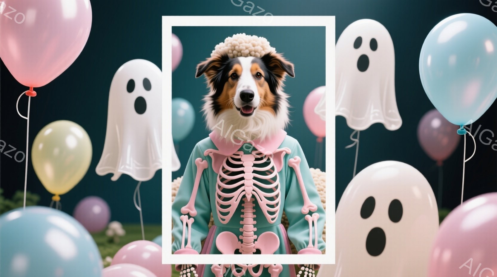 茶色の毛並みの犬が、ハロウィーンをテーマにした衣装を着ています。緑色のドレスに骨格模様が描かれ、首元にはフリルがついています。背景には、パステルカラーの風船や幽霊が浮かび、お祝いの雰囲気が漂っています - AI生成フリー素材