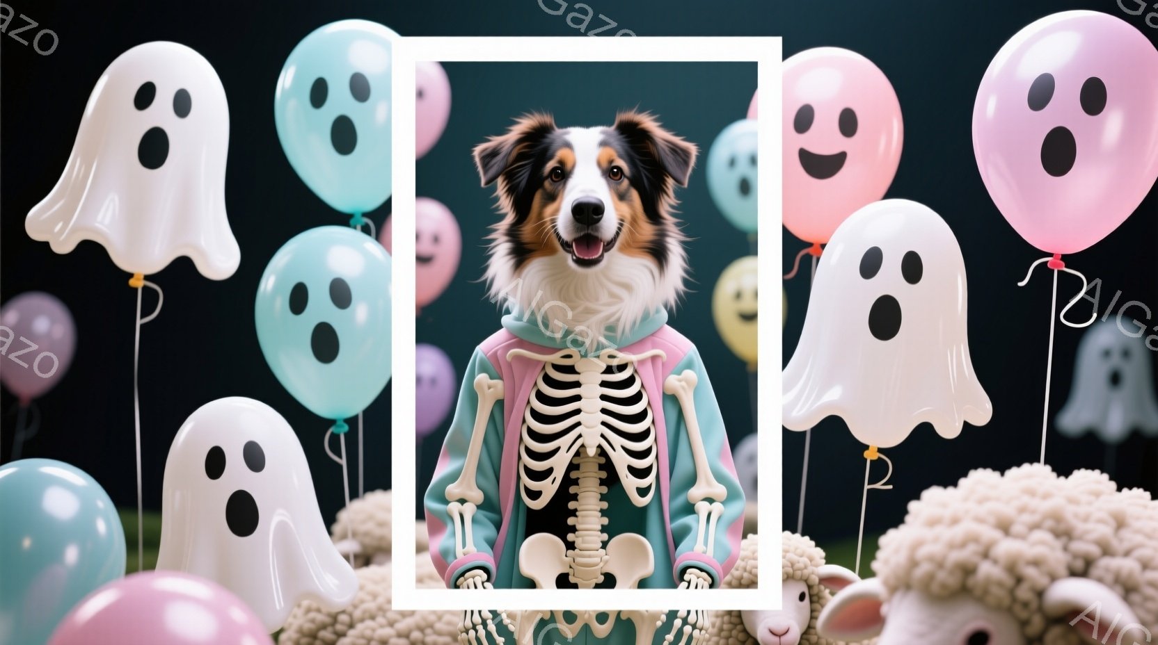 長毛の犬がハロウィーンの骸骨柄のジャケットを着て、正面を見つめています。背景には、パステルカラーの幽霊の風船や白いふわふわしたものが散りばめられており、全体的に明るく楽しいハロウィーンの雰囲気を醸し出 - AI生成フリー素材