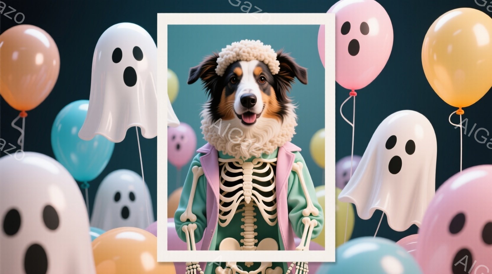 ハロウィーンの装飾に囲まれた、骨格の衣装を着たボーダーコリーの犬を描いています。犬は首にふわふわの白い襟巻きをつけており、少し口を開けて微笑んでいるように見えます。背景には、パステルカラーの風船と幽霊が浮かび、お祭り騒ぎの雰囲気を作り出しています。