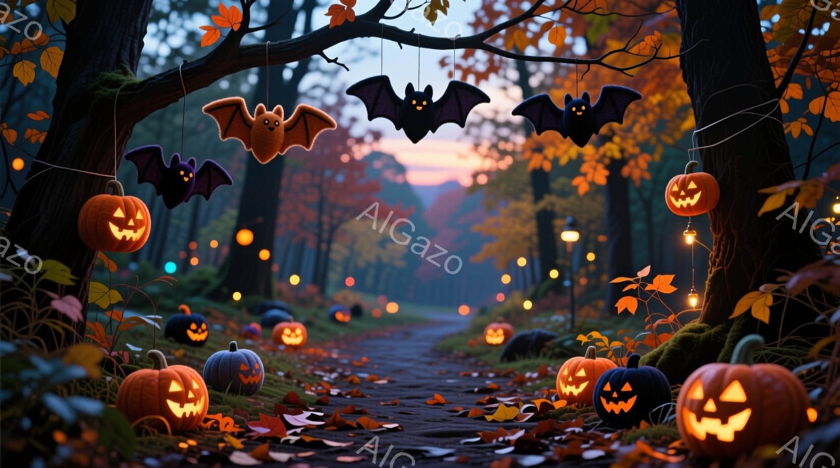 落ち葉が散りばめられた森の小道は、ハロウィーンの装飾で彩られています。道沿いには様々な大きさのジャック・オー・ランタンが並び、上空には黒いコウモリが舞い、暖かい光が照らしています。背景は木々が生い茂り - AI生成フリー素材