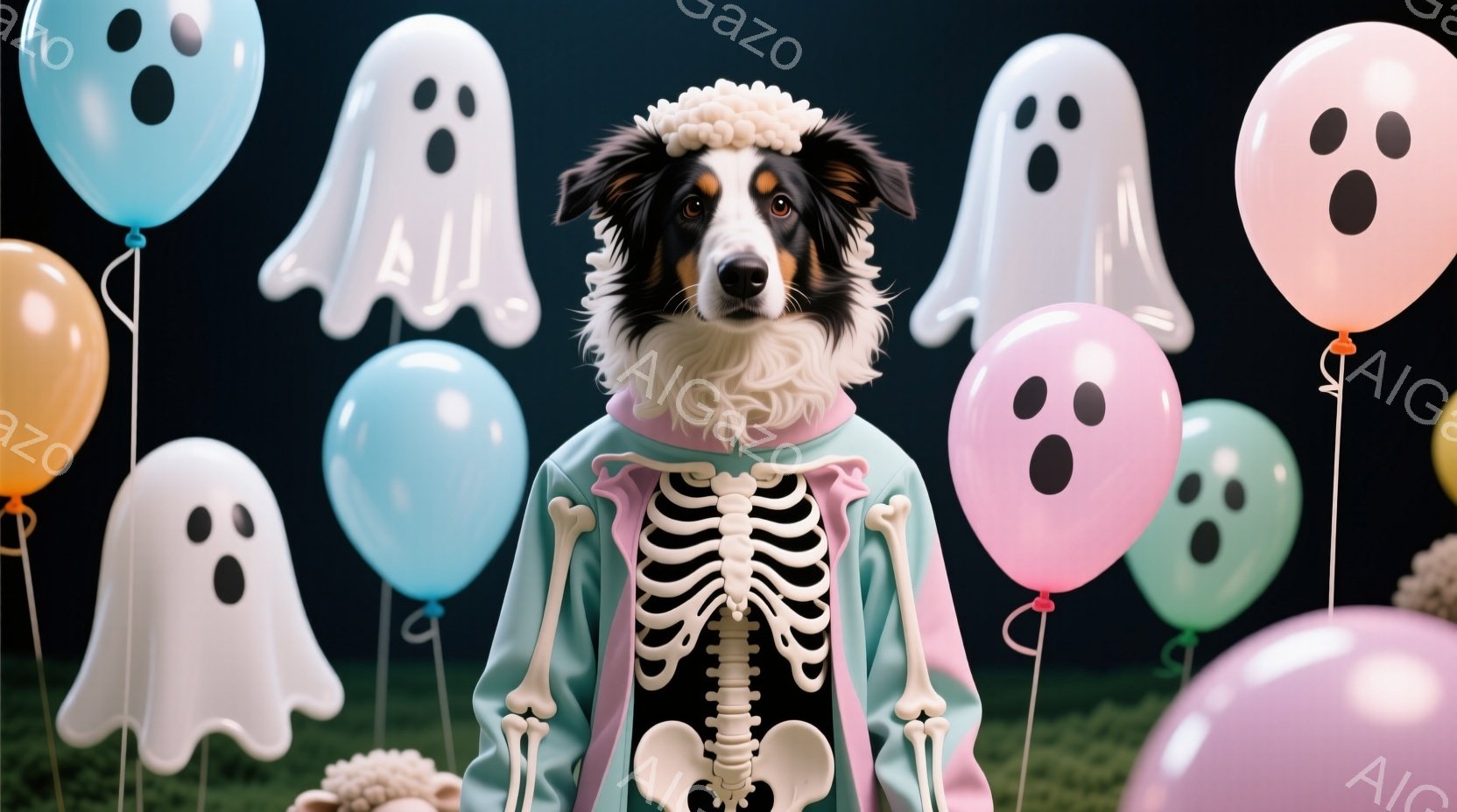 黒と白の毛並みを持つ犬が、ハロウィーンの衣装を着ています。緑色のマントと骸骨模様のボディスーツを着ており、少し驚いたような表情をしています。背景には、様々な色の幽霊の形をした風船や、ぼんやりとした緑色 - AI生成フリー素材