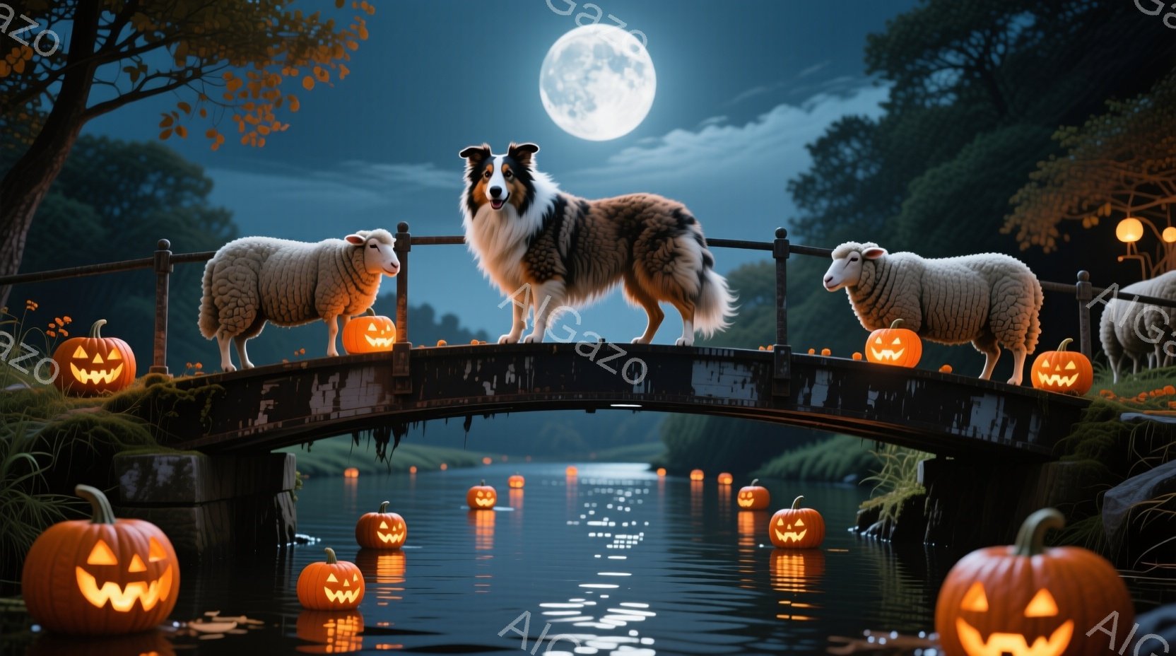 満月の夜、小さな橋の上に牧羊犬と羊たちが並んでいます。橋の下の川には、不気味な笑顔で光るジャック・オ・ランタンが浮かび、ハロウィンの夜の雰囲気を高めています。背景には木々がシルエットとなって見え、全体 - AI生成フリー素材
