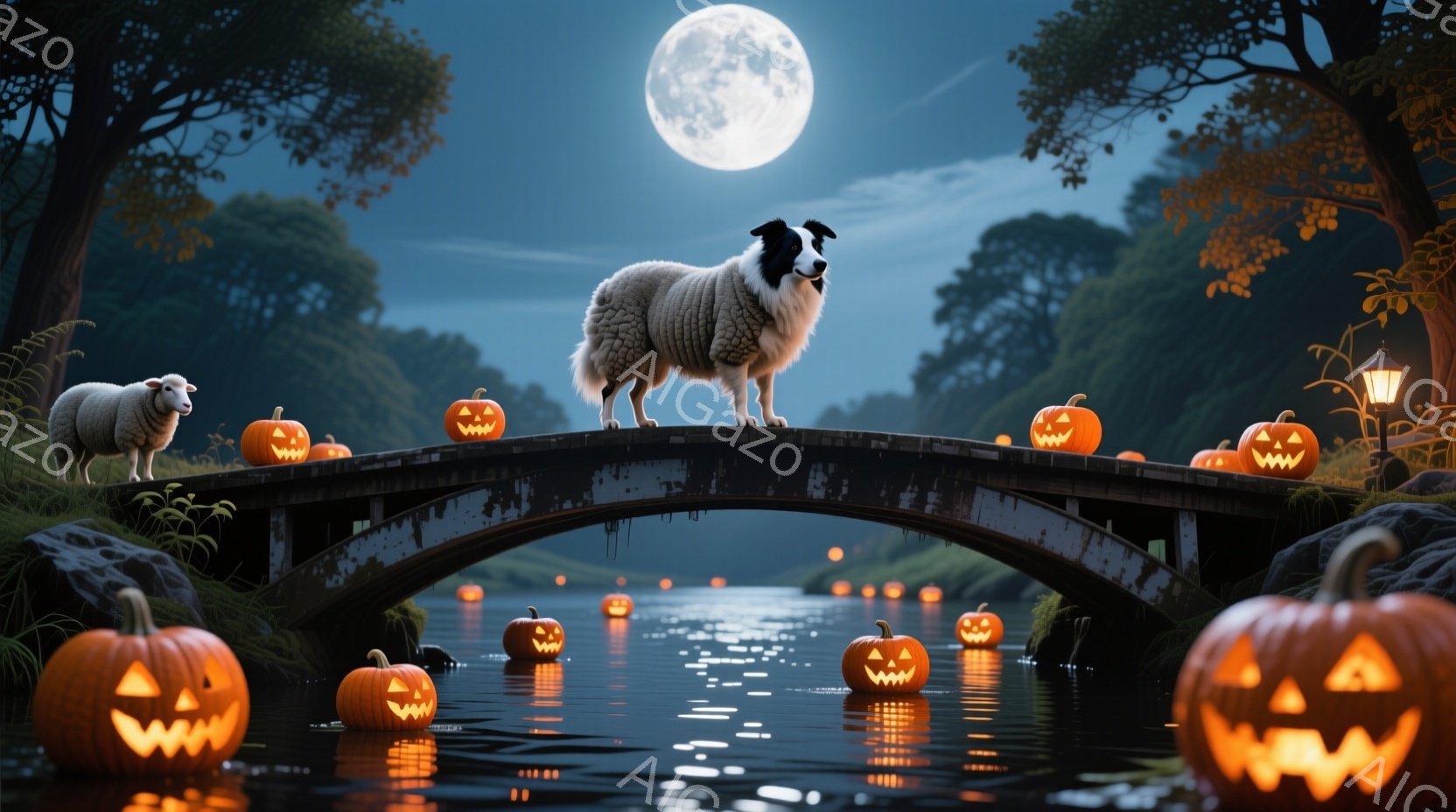 古い石橋の上には、毛並みの美しいボーダーコリーが凛々と立っている。橋の周りや水面には、ハロウィーンの象徴であるジャック・オー・ランタンが浮かび、月明かりに照らされて幻想的な雰囲気を醸し出している。背景には緑豊かな木々が広がり、夜の静けさとハロウィーンの神秘的なムードが混ざり合った、趣のある光景が広がっている。