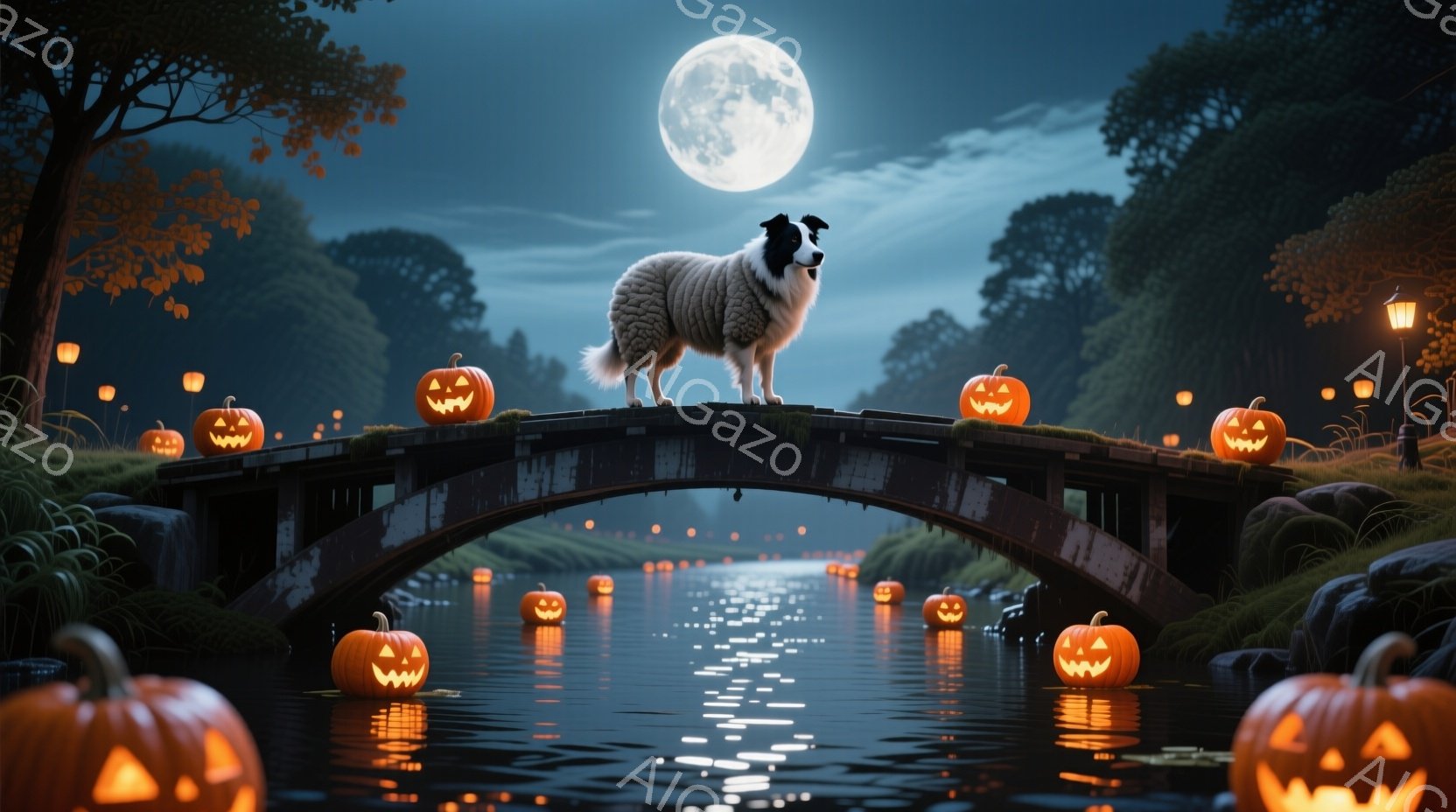 満月が輝く夜、アーチ型の橋の上にボーダーコリーが堂々と立っている。橋の周りや水面には、ハロウィーンの象徴であるジャック・オ・ランタンが浮かび、不気味ながらも幻想的な雰囲気を醸し出している。背景には暗い - AI生成フリー素材