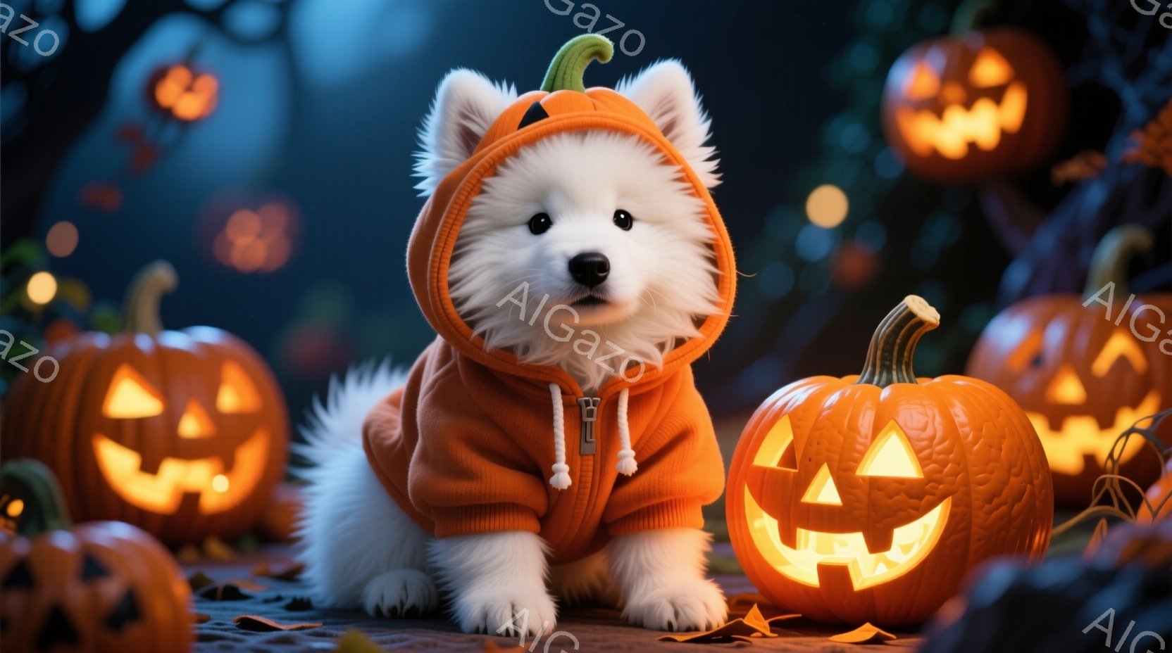 白い毛並みの小さな犬が、オレンジ色のパーカーを着て、カメラの方をじっと見つめています。背景には、ジャック・オー・ランタンが灯っており、秋の夜のハロウィーンの雰囲気を醸し出しています。全体的に暖かく、可 - AI生成フリー素材