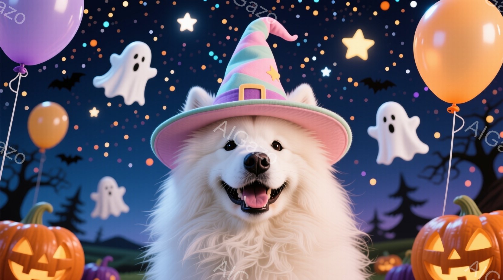 ふわふわの白い犬が、ハロウィーンらしいピンクと紫の魔女帽子をかぶって微笑んでいます。背景には、浮かぶお化け、ジャック・オ・ランタン、そして暗い夜空に輝く星々が散りばめられています。全体的に、楽しげで可 - AI生成フリー素材