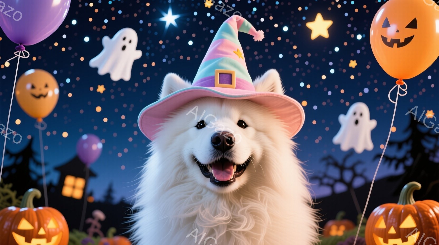 白い毛並みの犬が、ピンクと水色のストライプの魔女帽子を被り、楽しそうに微笑んでいます。背景には、ハロウィーンの飾り付けであるカボチャのランタンや幽霊のバルーン、そして星空が広がり、夜のハロウィーンの雰 - AI生成フリー素材