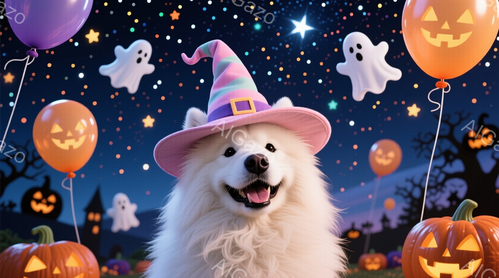 ふわふわの白い犬が、ピンク色の魔女帽子を被って正面を見つめています。犬は口を開けて笑顔を見せ、楽しそうな様子です。背景には、ハロウィーンの装飾であるカボチャのランタン、お化けのバルーン、そして星空が広 - AI生成フリー素材