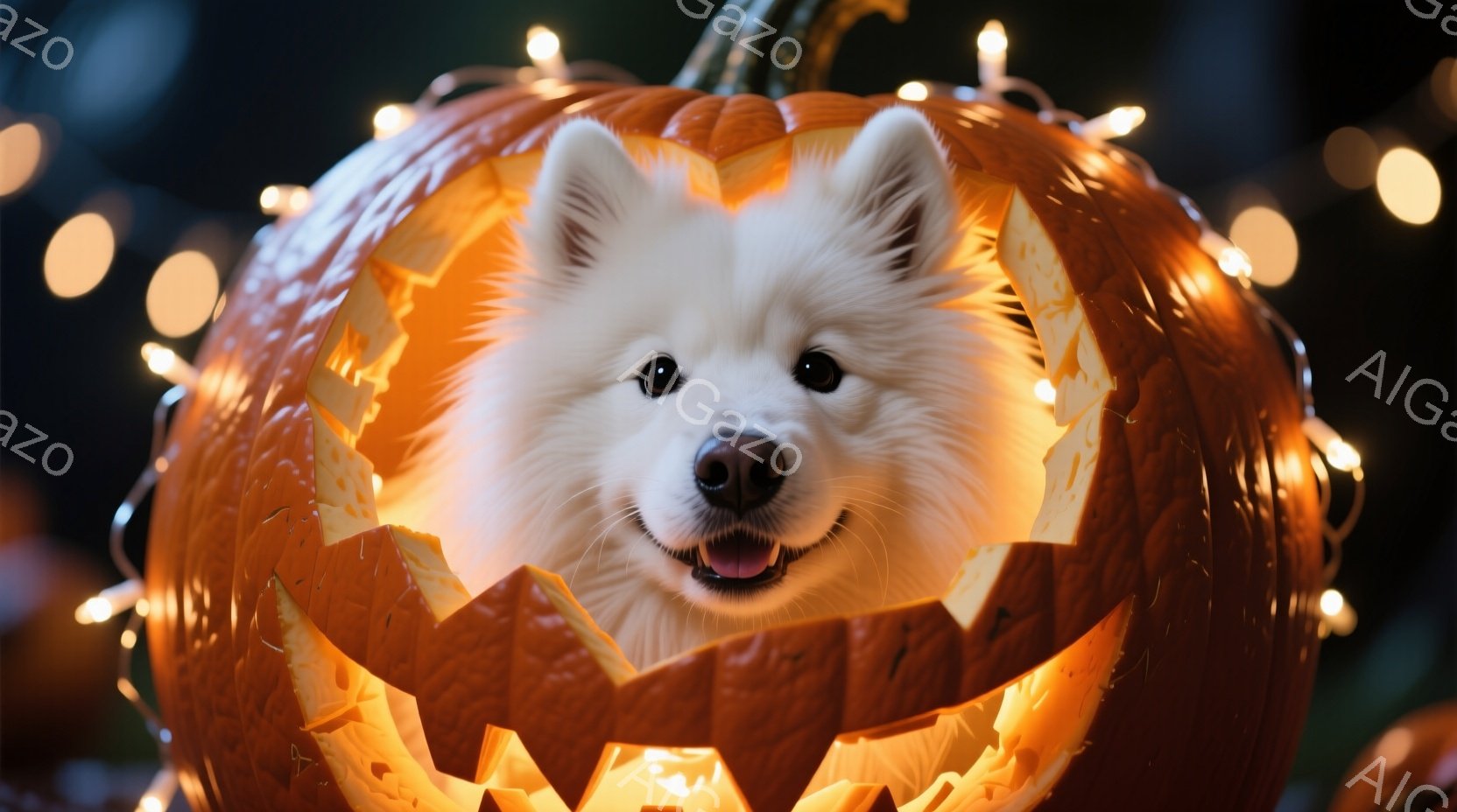 白い毛並みの犬が、ハロウィーンのくり抜かれたカボチャの中に顔を出しています。犬は口を開けて微笑んでおり、非常に可愛らしい表情をしています。背景にはぼやけたオレンジ色のイルミネーションが散りばめられ、温 - AI生成フリー素材