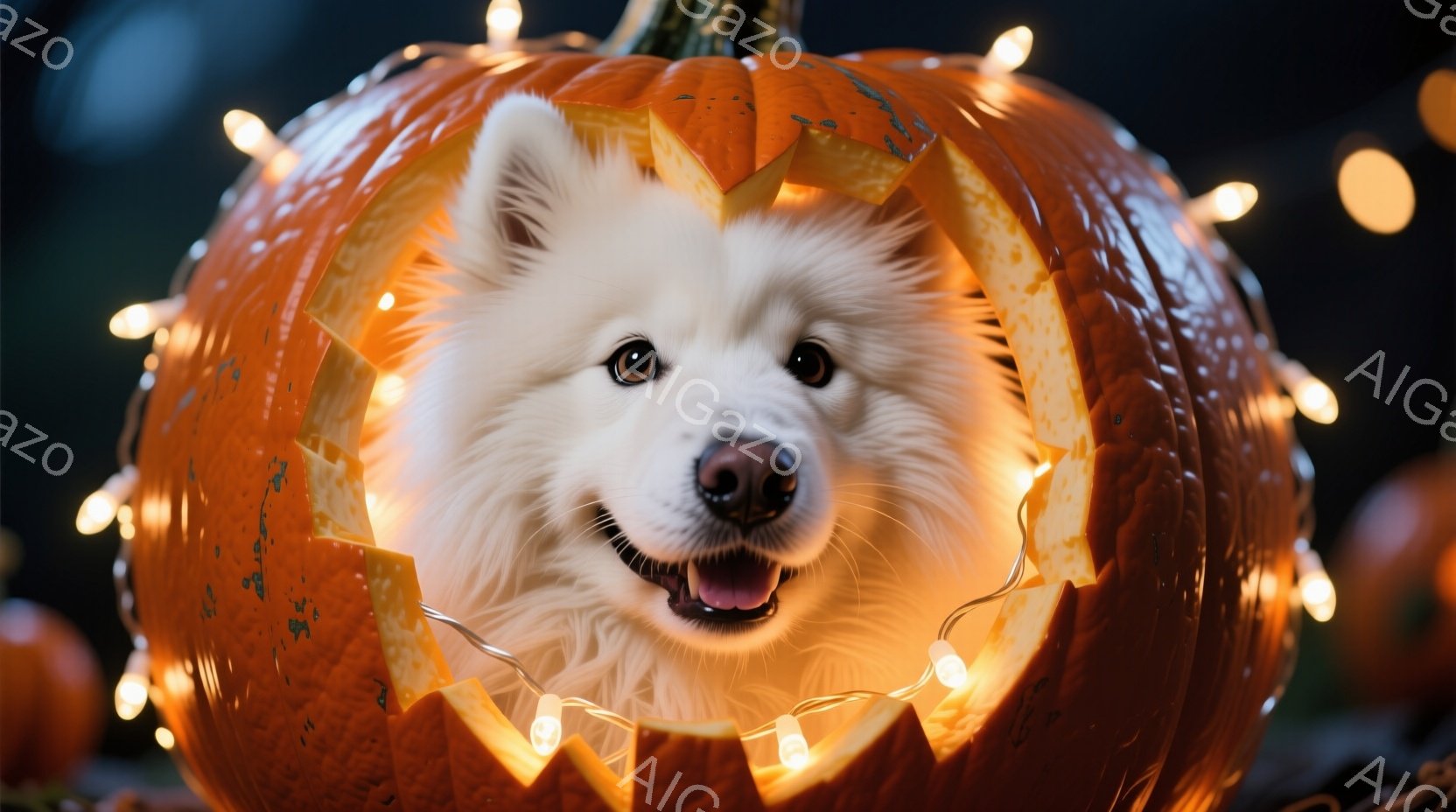 白い毛並みの犬が、くり抜かれたオレンジ色のカボチャの中に顔を出しています。犬は口を開けて笑顔を見せ、楽しそうな表情をしています。背景には、ぼやけたオレンジ色のカボチャと、温かい光を放つ電飾が散りばめら - AI生成フリー素材