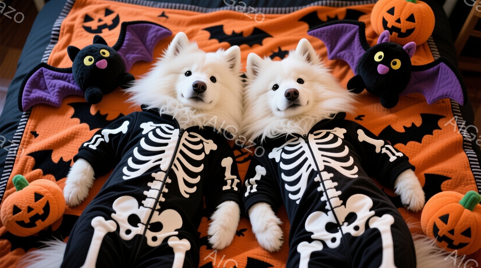 白い毛並みを持つ二匹の犬が、ハロウィーンをテーマにした黒い骸骨柄のジャンプスーツを着て、オレンジ色の背景に並んで横たわっています。犬たちは正面を見ており、やや緊張した表情を浮かべています。背景には、ハロウィーンの飾りであるカボチャと黒猫のぬいぐるみがあり、お祝いムードを演出しています。