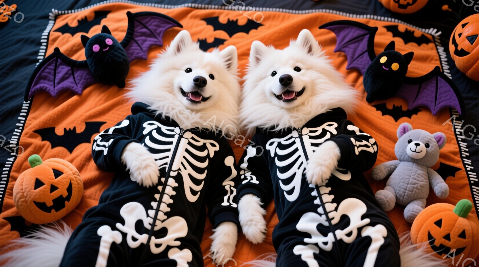 白い毛並みの犬が二匹、ハロウィーンをテーマにした黒い骸骨柄の衣装を着て、オレンジ色の背景の上に並んで横たわっています。犬たちは楽しそうな表情でカメラを見つめており、背景にはカボチャのぬいぐるみやコウモ - AI生成フリー素材